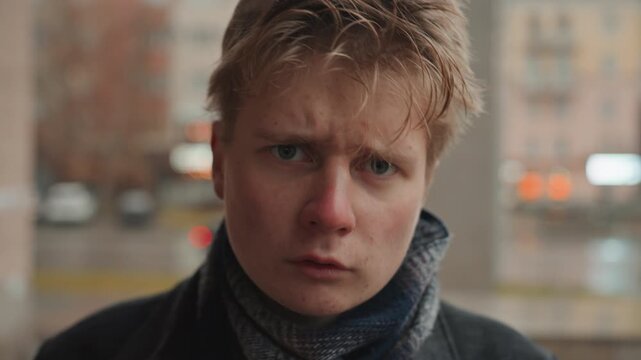 Intimate closeup of white creator adjusting beanie and hair, droplets on forehead, hands touching face, shifting gaze from doubt to quiet resolve, candid expressions, shallow focus bokeh, vlogger