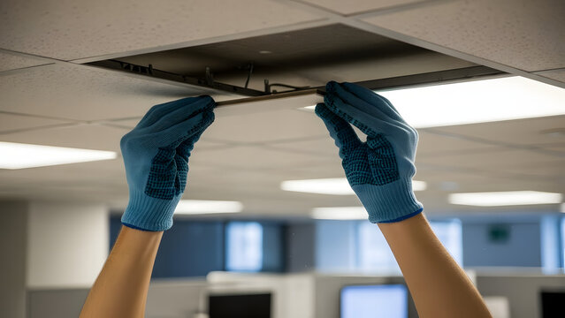 A technician wearing blue gloves removing or installing a ceiling tile in an office building.