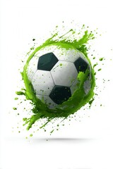 Fototapeta premium A classic soccer ball explodes with a vibrant green liquid splash, symbolizing the intense energy and celebration of the World Cup 2026 competition in Mexico USA Canada.