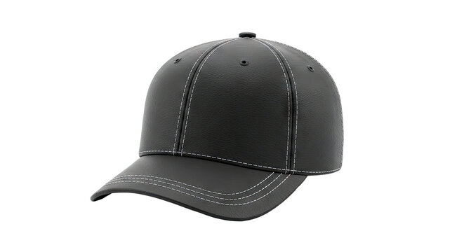 Black Leather Baseball Cap with White Stitching