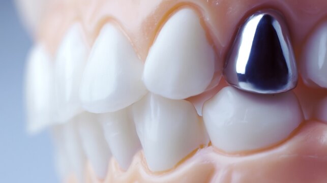 Dental jaw model showing a silver metallic tooth filling