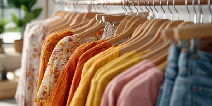 Wooden hanger clothing rack with floral and mustard women's tops for boutique display background and retail banner design