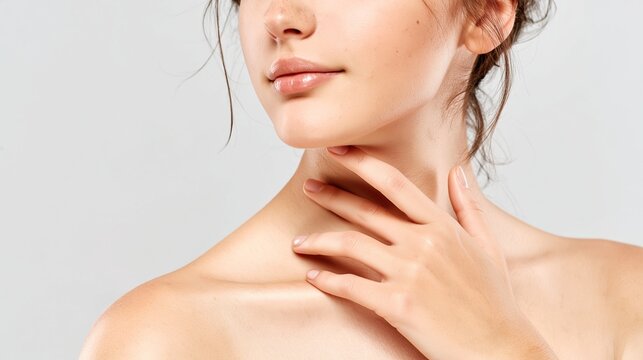 Woman touching her neck and collarbone with soft skin