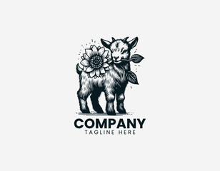 Fototapeta premium Baby goat holding flower in mouth in detailed black vector logo illustration style with vintage line art design on white background