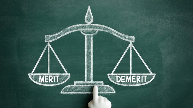 Chalkboard illustration of a scale with Merit and Demerit