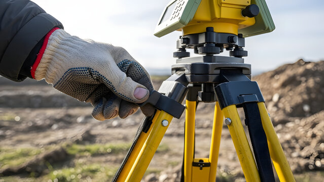 A surveyor hand adjusting the tripod of a professional surveying instrument on a construction site.