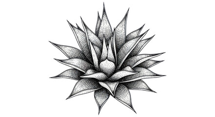 Fototapeta premium Agave Plant Drawing, Black and White Line Art, Succulent Illustration
