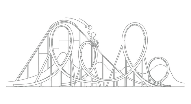 Black and white outline drawing of a thrilling rollercoaster with multiple loops and drops