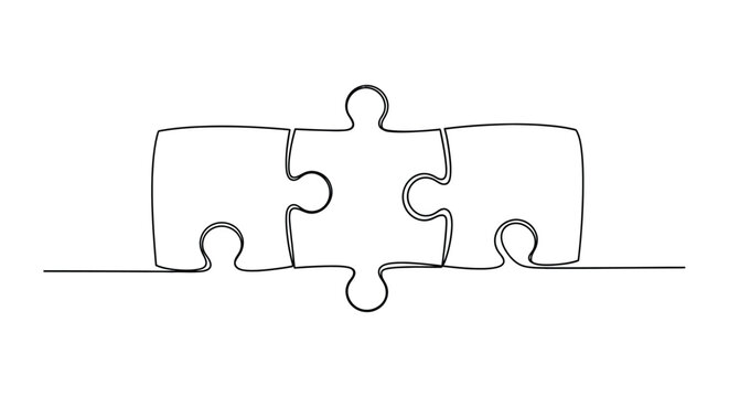Continuous line art drawing of three interconnected puzzle pieces symbolizing connection