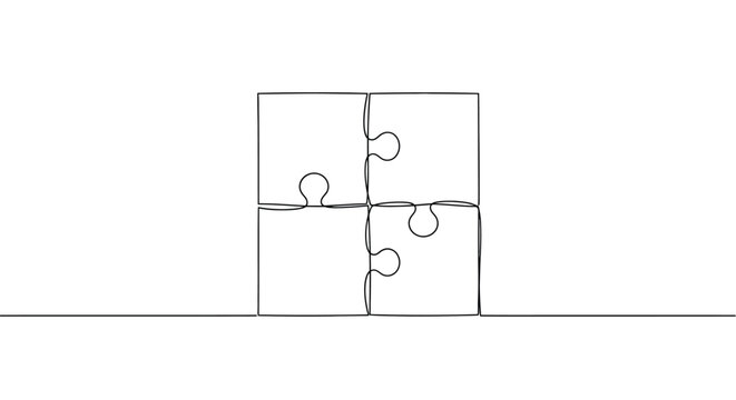 Continuous line drawing of four interlocking jigsaw puzzle pieces forming a complete square