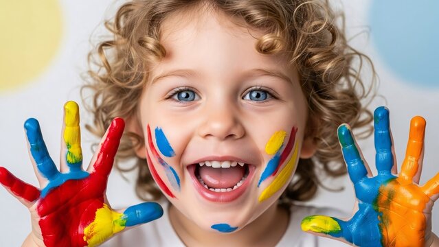 Happy young child with curly hair and bright blue eyes smiling joyfully with colorful painted hands and face in a cheerful playful settin
