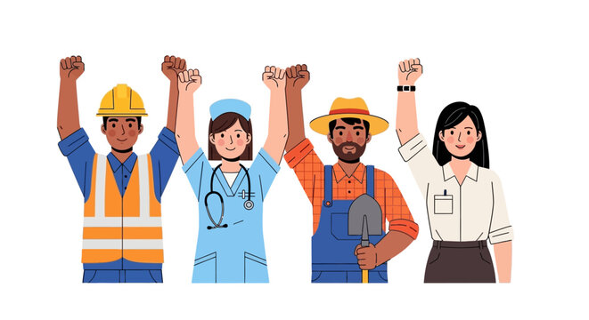 Flat Design Diverse Essential Worker Raising Fist in Solidarity Illustration