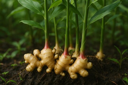 Fresh ginger rhizomes with green stalks growing in the soil