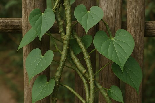 Green heart shaped leaves vine growing on rustic wooden fence