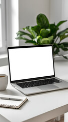 Fototapeta premium Laptop Mockup on Modern Workspace Desk with Coffee, Notebook and Plant – Natural Light, Minimal Composition