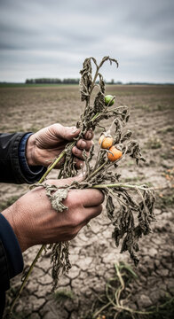 Climate Change Reality: Farmer's Hands Show Dying Crops on Parched Land