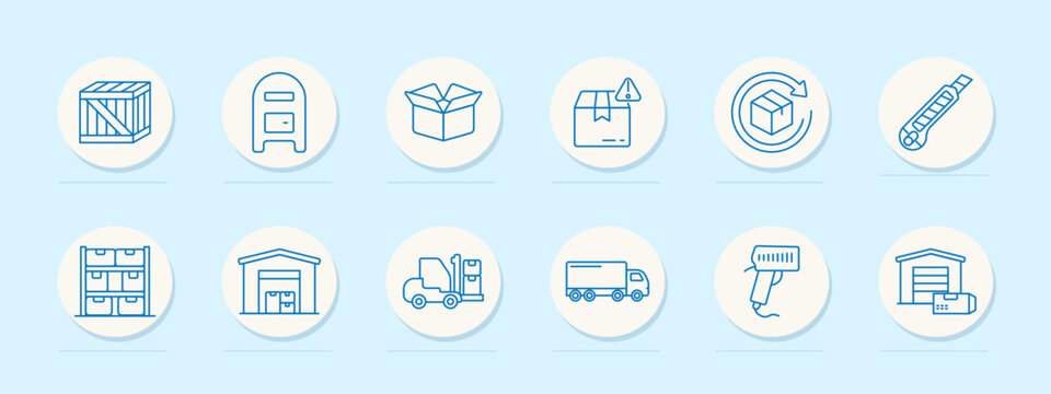 Logistics delivery warehouse set icon. Blue outline badges, wooden crate, mailbox, open box, damaged package, return box, cutter knife, storage shelves, depot building, forklift truck