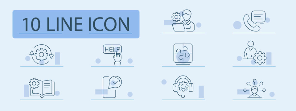 Website set icon. Outline web service symbols, support operator, phone call, help button, gear refresh, approval document, puzzle solution, guide book, 404 error, headset support, settings