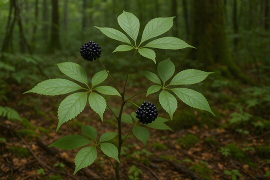 Siberian ginseng eleuthero plant with black berries in lush green forest