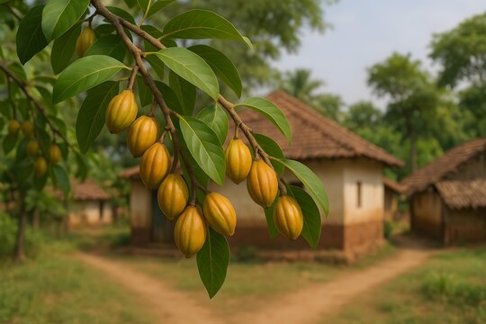 Ripening myrobalan fruits terminalia chebula hanging on tree branch