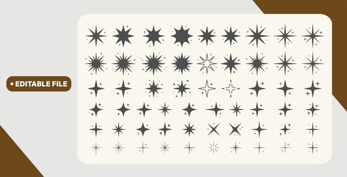 Stars set icons, different sparkle star shapes icon collection, shine stars sparkles signs, bling decoration