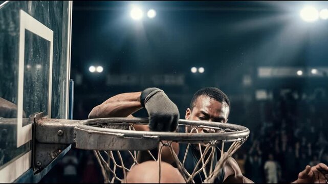 Close-Up of a Basketball Player Dunking the Ball with Powerful Motion and Intense Action at the Rim
