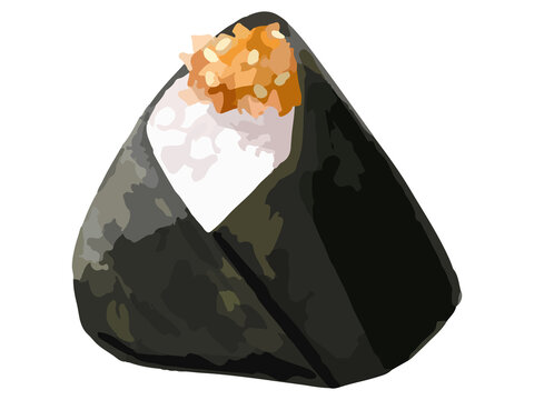 おかか(削り節の醤油和え)をのせたおむすび 具材が見える専門店風の手描き厚塗り