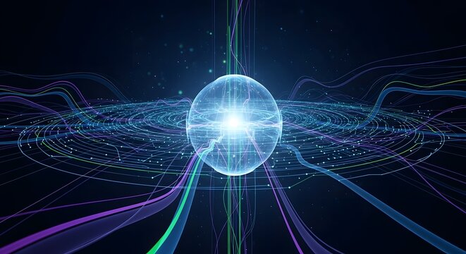 Abstract futuristic digital sphere with glowing data lines and energy waves