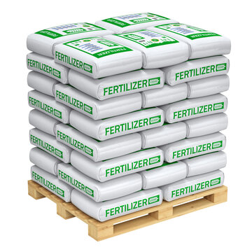 White fertilizer bags with abstract label on a pallet isolated on transparent background - 3d PNG illustration
