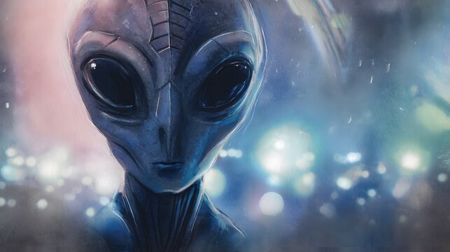 Mysterious alien portrait glows softly within a futuristic sci-fi dreamscape design