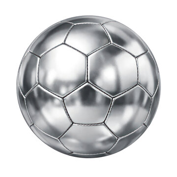 Chrome soccer ball illustration, metallic football sphere with hexagon panels, shiny silver sports equipment icon isolated on Transparent Background