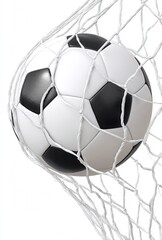 Naklejka premium A classic black and white soccer ball finds the back of the net, marking a crucial goal during the World Cup 2026. This winning moment ignites celebration in Mexico, USA, and Canada.