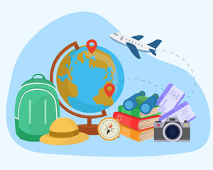 Fototapeta premium Travel and vacation concept with globe, backpack and camera illustration Adventure tourism background with world map