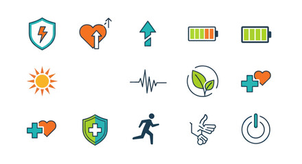 Fototapeta premium Health and Energy Icons: Heart, Shield, Battery, Sun, ECG, Running, Power Button