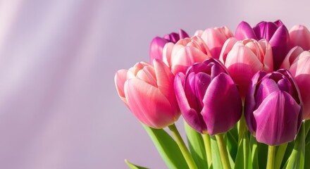 Obraz premium Vibrant bouquet of pink and purple tulips on soft lilac background