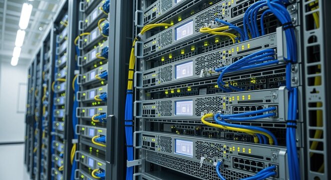 Blue ethernet cables connected to networking equipment in server room