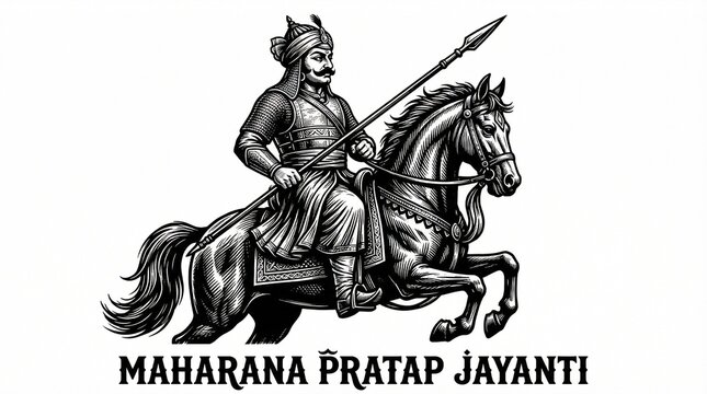 Maharana pratap jayanti vintage warrior illustration riding horse with spear in traditional attire for indian history culture poster design