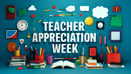 Colorful teacher appreciation week celebration with school supplies and creative decorations on blue background