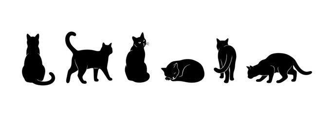 Collection of flat black feline shape vectors including sitting, walking, and sleeping poses. © Fhimera