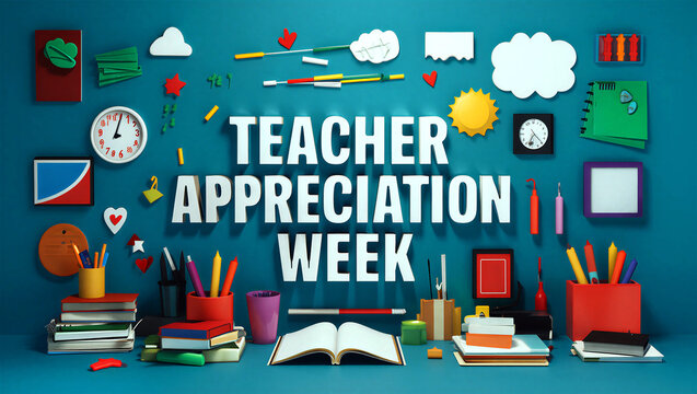 Colorful teacher appreciation week celebration with school supplies and creative decorations on blue background