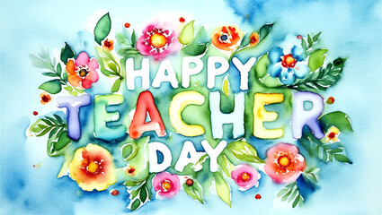 Fototapeta premium Colorful watercolor painting with happy teacher day text surrounded by flowers and leaves celebration