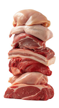 Vertical stack of various raw meat cuts including chicken breast, pork, and beef on white background isolated on a transparent background
