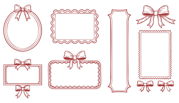 Whimsical coquette style set with red ribbon bows, wavy frames, hand-drawn borders and vintage doodles, vector