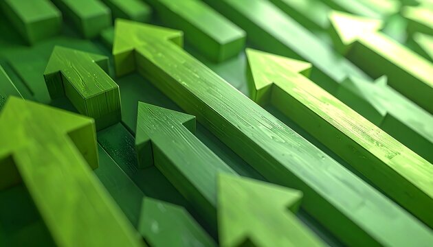 A close-up of multiple green arrows pointing right