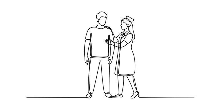 A single line drawing of a caring nurse providing comfort to a patient standing in a clinic room Vector, illustration