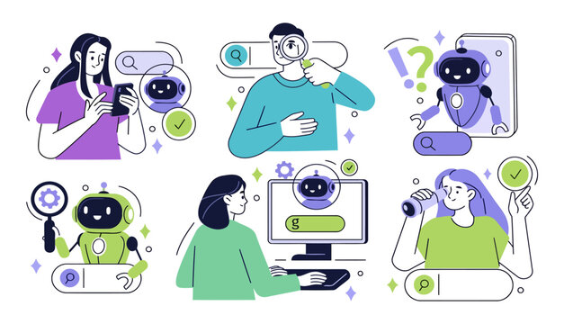 People interact with robots, exploring tech and solving problems. Bright colors and simple lines show curiosity and trust. Each person engages differently with their robot companion