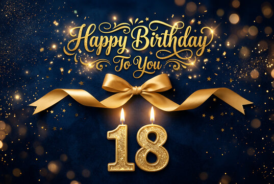 Happy Birthday To You 18th golden candles ribbon and confetti elegant dark blue background festive celebration invitation