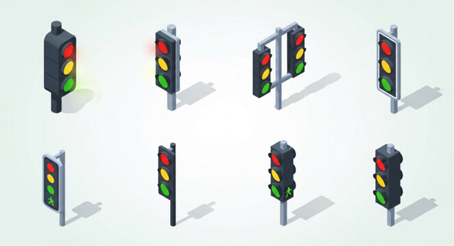 Collection of Isometric Traffic Lights with Different Designs.