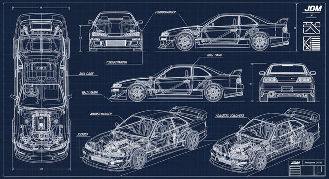 Detailed blueprint schematics of a sports car.