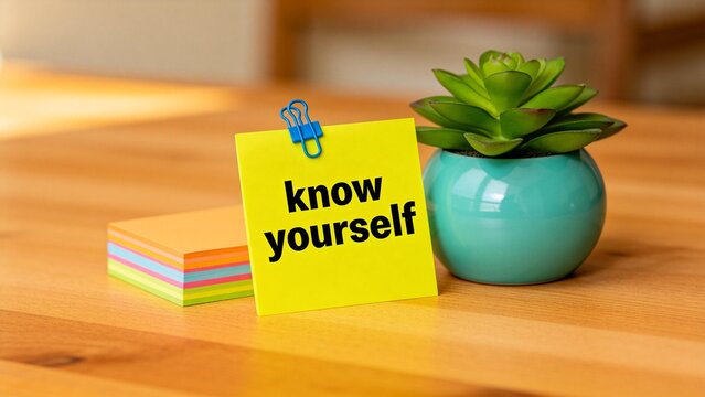 Note with know yourself text and plant